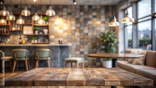 Rustic wooden table in a dimly lit cafe with a blurred background of bar seating and a stone wall, showcasing warm lighting and cozy ambiance