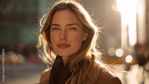 Cinematic close up portrait of a young woman outdoors on an urban street at golden hour, backlit by warm sunlight with soft bokeh and shallow depth of field