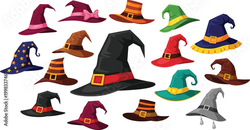 Witch Hat Collection with Various Colors Styles and Magical Halloween Costume Accessories Cartoon Vector Illustration Set for Holiday Design and Fantasy Themes.