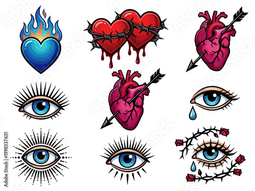 Traditional Tattoo Flash Art Set with Bleeding Hearts, Barbed Wire, Sacred Flame, and Mystical Eyes