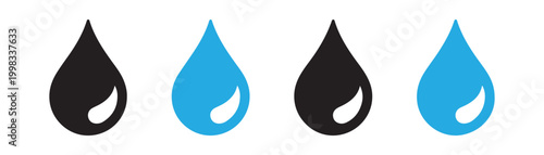 Water drop icon set in black and blue colors, representing liquid and moisture.