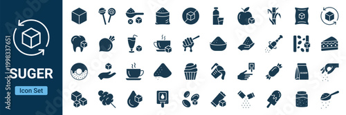 Sugar icon set solid vector collection with sweets, desserts, drinks, and cube symbols