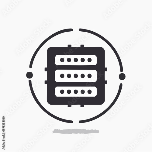 A minimalist, dark gray icon representing a central processing unit (CPU) or microchip, enclosed within a circular frame with orbiting dots, symbolizing technology and data processing
