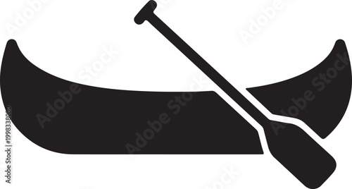 A simple black silhouette icon of a canoe boat with an oar or paddle, shown from a side profile on a plain white background.