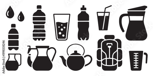 Assortment of drinkware and containers including bottles, jugs, kettles, and backpack.