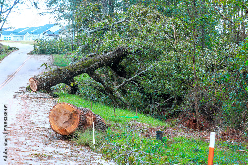 Fototapeta premium Large tree has fallen on side of road, blocking way in residential neighborhood after storm.