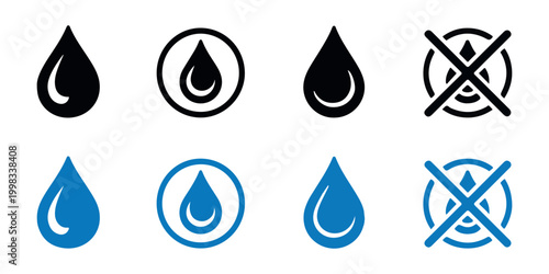 Set of water drop icons in solid and line styles with prohibited sign isolated on transparent background.
