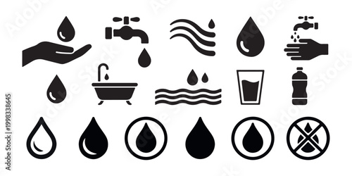 Comprehensive water consumption and plumbing icon set featuring faucet bathtub glass and bottle.