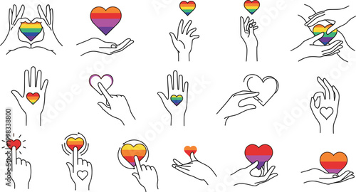 Minimalist line art of hands holding rainbow hearts in various poses and interactions for love, pride, and support designs.