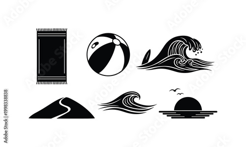 Beach essentials vector silhouette illustration, ocean waves line art, sunset icon set.