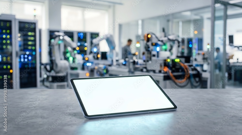 Obraz premium Tablet Mockup with Blank Screen in Blurred Robotics Lab and Smart Factory