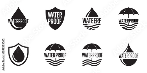 Set of black waterproof labels for outdoor gear and weather resistant textile product packaging.