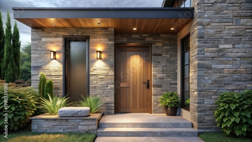 Modern Home Entrance with Stonework and Evening Lighting