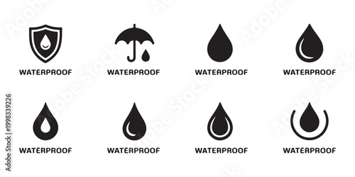 Moisture resistance icons featuring various water drop designs and protection umbrella symbols.