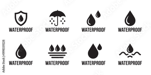 Waterproof symbol collection with umbrella shield and water drop icons for product packaging.