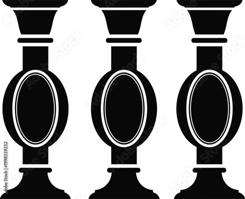 Classic black silhouette of vintage banister balusters and pillars set isolated on white background for architecture and interior design elements