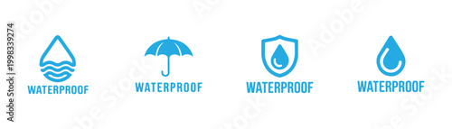 Waterproof icon set with dripping water, umbrella, and shield design for product packaging.