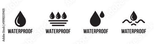 Set of four waterproof icons with water drops representing protection against liquids.