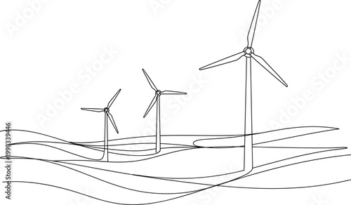 Continuous line drawing of wind turbines in field for renewable energy concept sustainable ecology and clean green power vector illustration