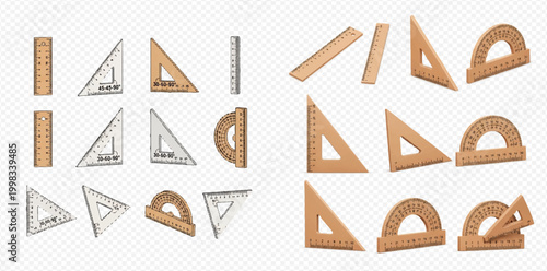 Collection of various rulers, set squares, and protractors in wood and plastic materials for geometry and school supplies.