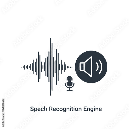 Speech Recognition Engine concept with sound wave, microphone and speaker icons.