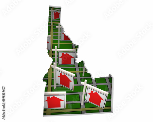 Idaho ID State Real Estate Market Homes Houses For Sale Signs Map Move Relocate 3d Illustration