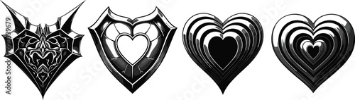 Dark chrome heart vector collection with gothic metal aesthetic sharp spikes and glossy 3D heart shapes isolated on white background
