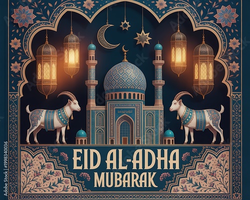 Eid al-Adha Mubarak Islamic Art Illustration with Mosque and Lanterns