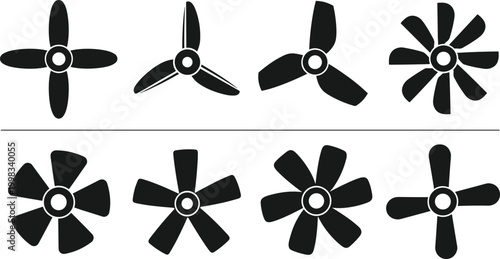 Propeller and fan blade vector icon set with various blade counts and shapes for industrial cooling ventilation and aeronautical design