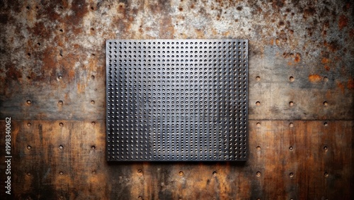 A perforated metal plate affixed to a rustic, aged metallic backdrop with rivets