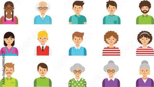 Diverse People Vector Set Featuring Men, Women, Children, Elderly, and Various Hairstyles for Avatar, Profile, and Character Design Illustrations.
