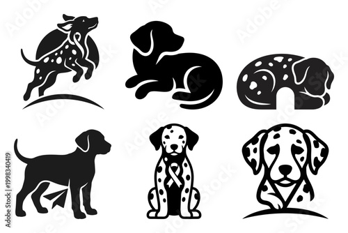 Dalmatian spotted dog silhouette icons with pet poses