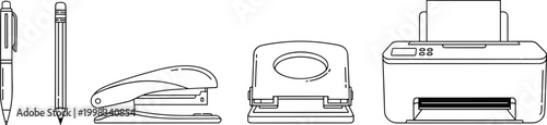 Vector line art icon set of office supplies including pen pencil stapler hole punch and printer isolated on white background