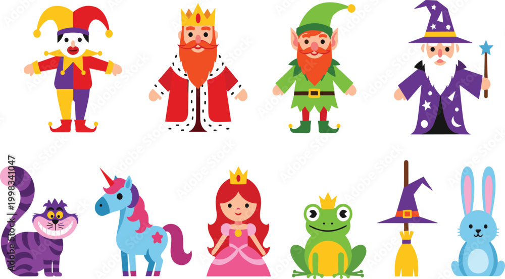 Fototapeta premium Fairytale Character Collection with King Elf Wizard Princess Unicorn Frog Rabbit and Fantasy Cartoon Figures Vector Illustration Set for Kids Story Design.