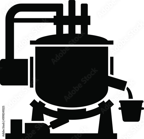 Black silhouette vector of an electric arc furnace. Heavy metallurgy manufacturing and steelmaking operations. Concepts for web design in solid monochrome style.