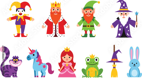 Fairytale Character Collection with King Elf Wizard Princess Unicorn Frog Rabbit and Fantasy Cartoon Figures Vector Illustration Set for Kids Story Design.