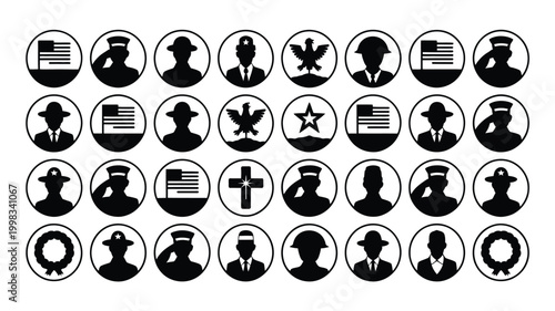 Diverse collection of military and patriotic icons representing service sacrifice and national pride for commemorative and educational purposes featuring silhouettes of soldiers