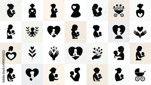 Collection of diverse motherhood and family love icons featuring silhouettes of mothers holding babies and heart symbol motifs on a subtle geometric background celebrating