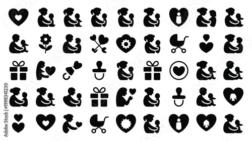Collection of motherhood and family icons featuring hearts babies strollers and gifts symbolizing love care and parenthood in a clean minimalist silhouette style on a white