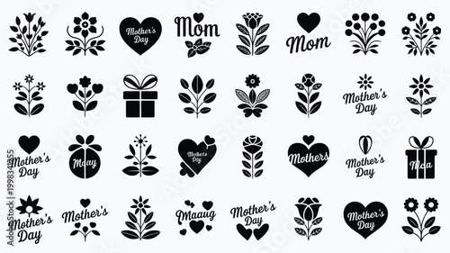 Collection of silhouette icons celebrating mother's day and mom featuring floral designs hearts gifts and textual elements in a vintage aesthetic for diverse creative projects