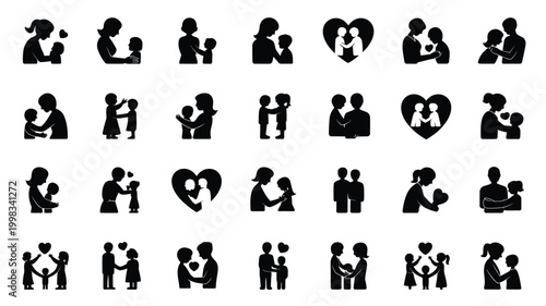 Collection of diverse black silhouette icons representing mother and child love family bonding and nurturing relationships set against a clean white background symbolizing