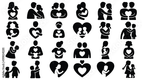 Collection of diverse silhouette icons representing love family motherhood and parenthood moments symbolizing connection and affection in various warm embraces and relationships