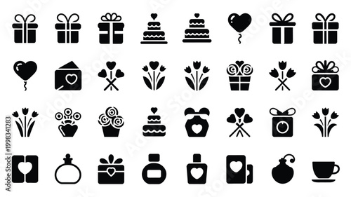 Collection of vector icons celebrating love gifts and celebrations hearts balloons cakes flowers envelopes perfume bottles and coffee cups for romantic occasions and special events