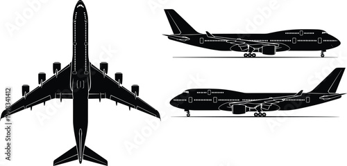 Vector silhouette of large commercial airplane jetliner from top and side views isolated on white background for aviation travel design