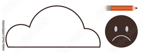 Creativity, emotional expression, self-reflection, sadness, mental health, mood visualizations. Sad face with a cloud outline and pencil. Creativity and emotional expression concept