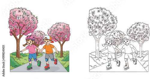Happy Kids Roller Skating in a Park with Cherry Blossom Trees - Colorful Cartoon & Line Art Versions