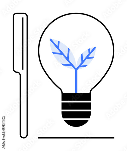 Renewable energy, eco-technology, creativity, nature, green solutions, innovation. Light bulb leaf design eco-friendly innovation. Renewable energy and eco-technology