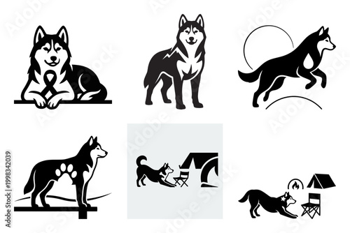 Husky camping moon silhouette vector icon set