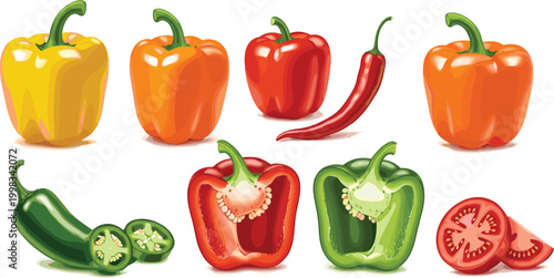 Fresh Bell Pepper and Chili Vector Set with Sliced Vegetables and Tomato for Healthy Food Design, Cooking Ingredients Illustration, and Kitchen Graphic Projects.