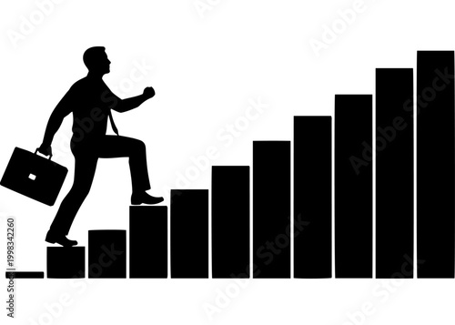 Businessman walking up the rising bar chart stairs silhouette vector illustration for financial success career growth and corporate business achievement goals isolated on white background clipart.